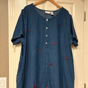 ANNA MAXWELL Vintage 90s Denim Maxi Dress Size 3X Embroidered Short Sleeve
